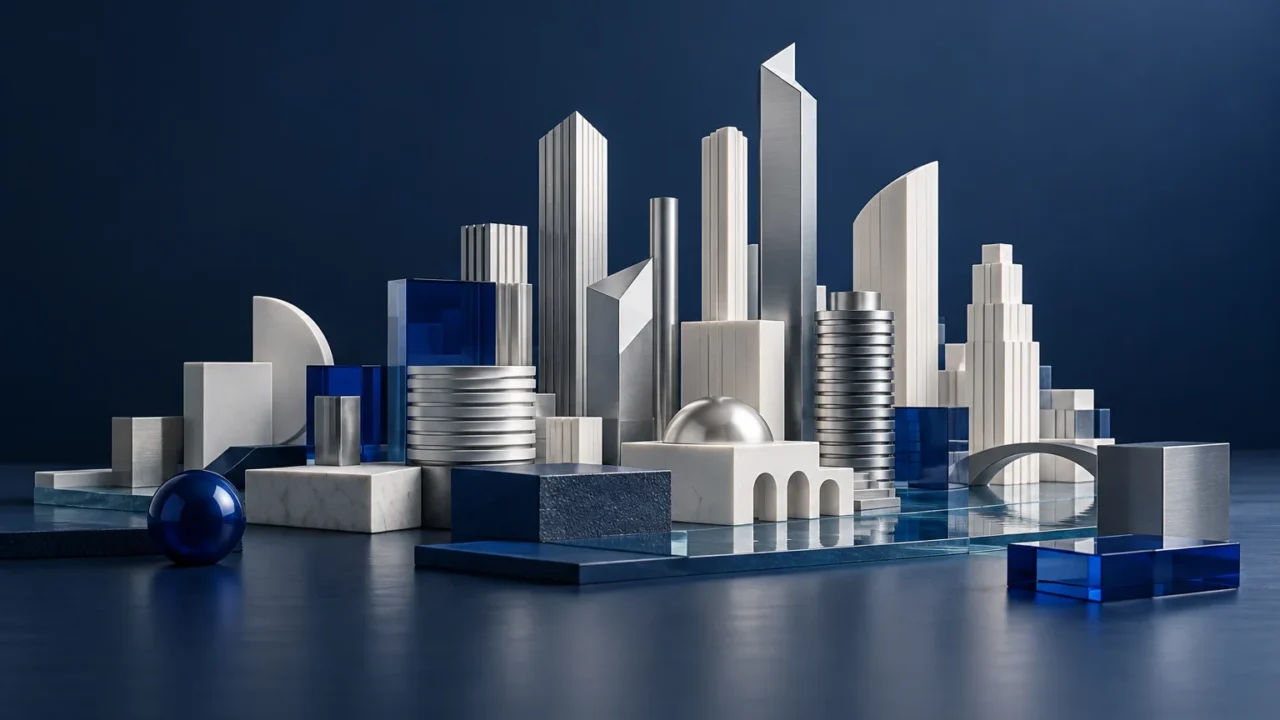 Conceptual miniature city in white ceramic and silver, with blue geometric details