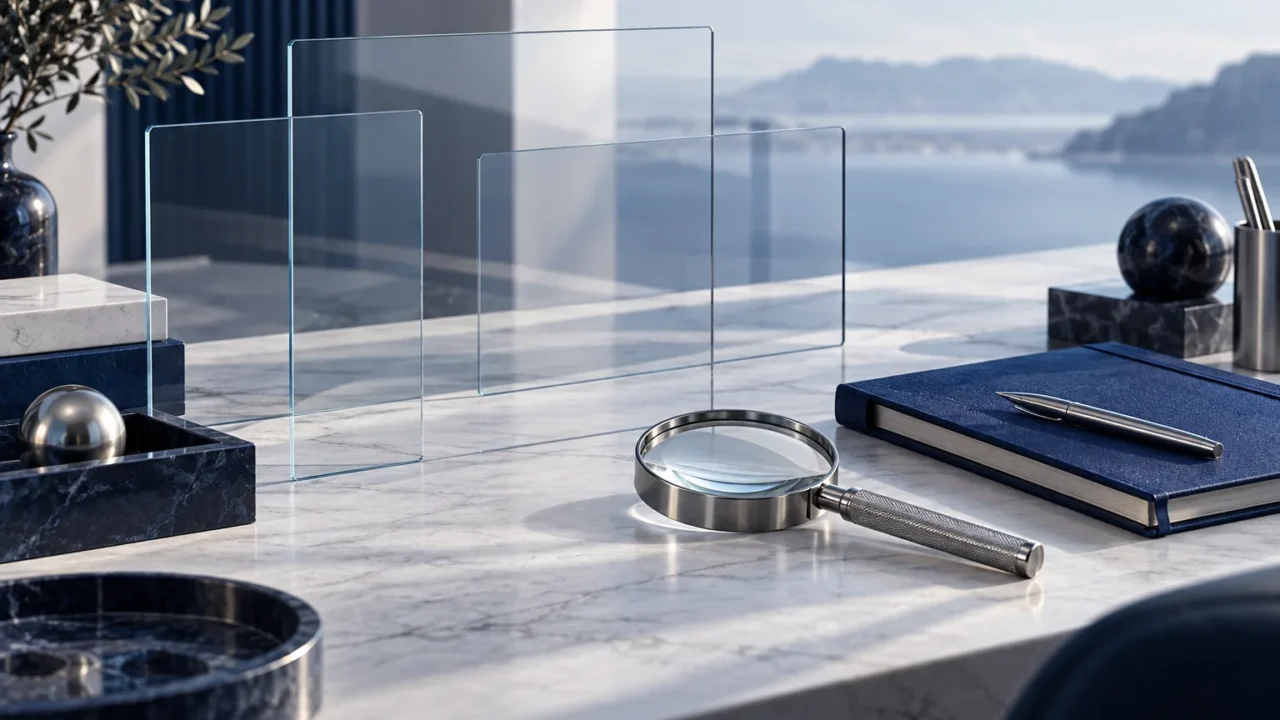 Conceptual research desk with glass panels, magnifying lens and notebook