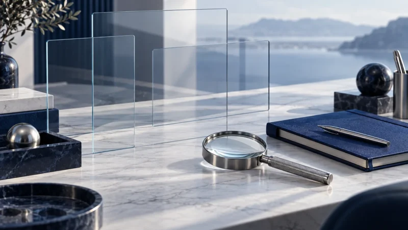 Conceptual research desk with glass panels, magnifying lens and notebook