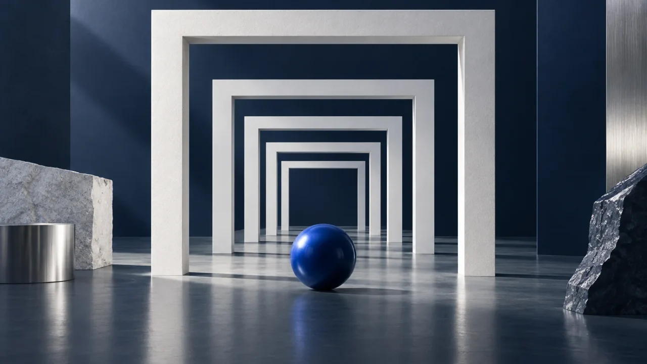 Architectural frames and a blue sphere representing the week ahead
