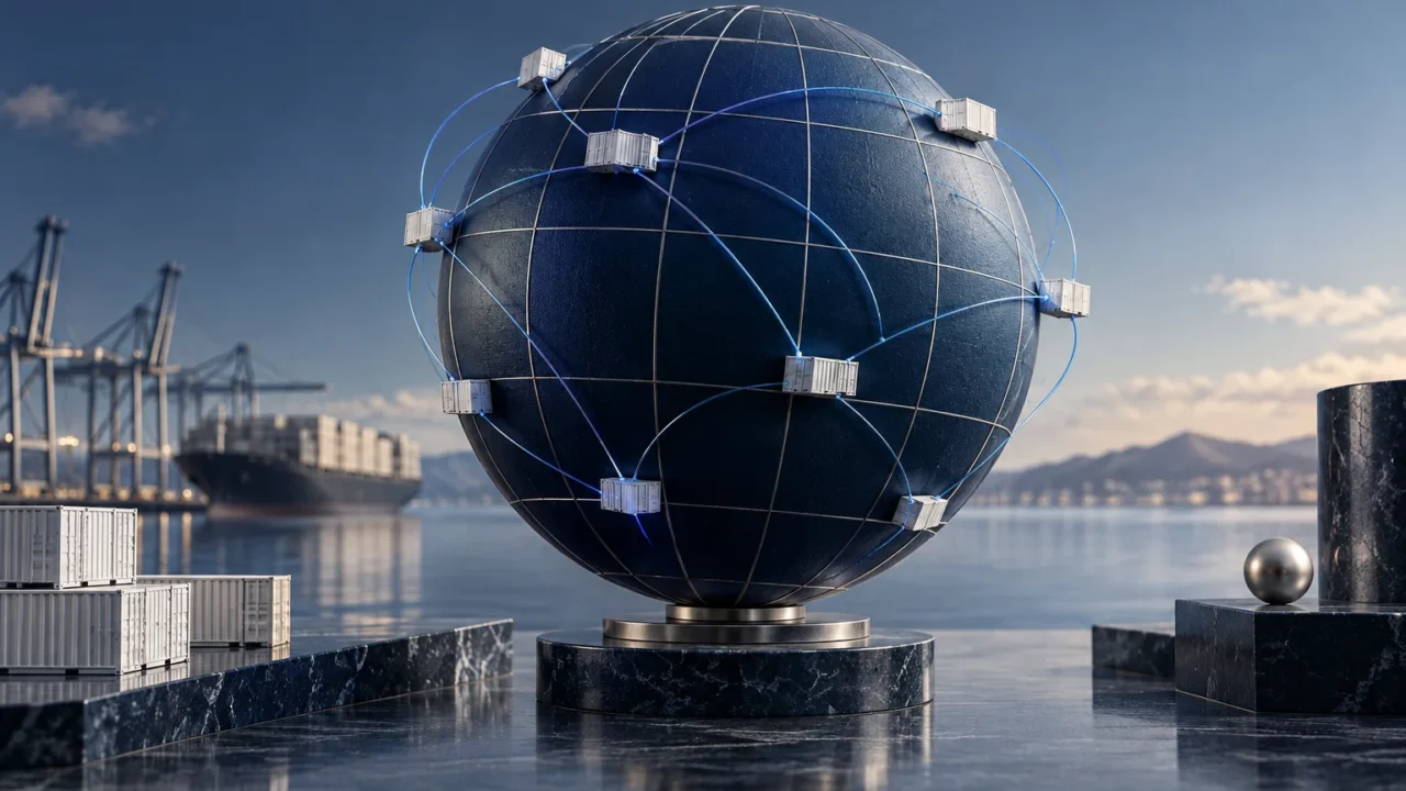 Conceptual globe and cargo blocks linked by blue arcs