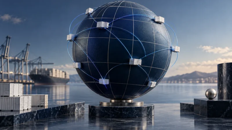 Conceptual globe and cargo blocks linked by blue arcs