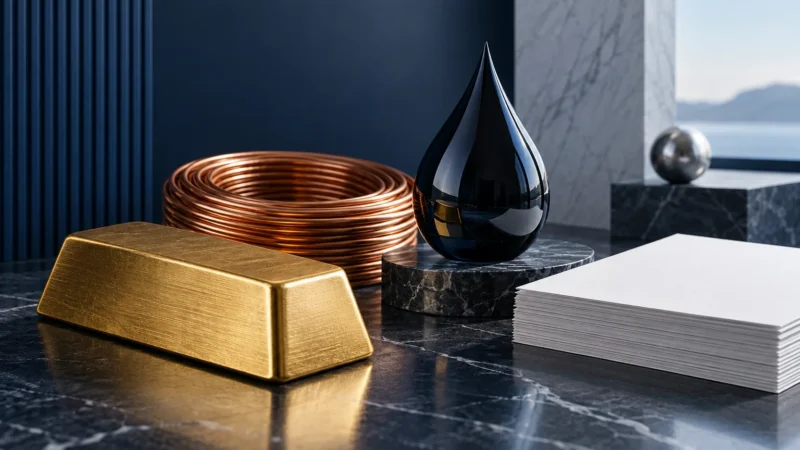 Conceptual still life of gold, copper, an oil droplet and paper