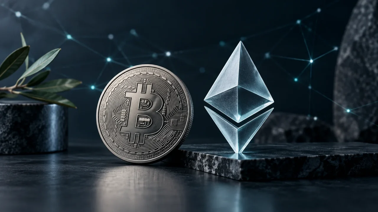 Digitally generated illustration of a silver Bitcoin token and glass Ethereum symbol against a dark abstract network